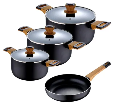 Produktbild von 7er-Set Aluminium-Presskochgeschirr in Schwarz - Induktion - ILAG Antihaftbeschichtung - Holzgriffe - Handwäsche
