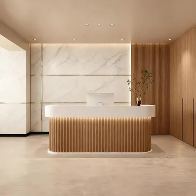 Produktbild von Empfangstheke & Bartheke mit Rundung, Vertikalstreifen-Design, für Salon, Hotel & Laden, Braun 150×60×100cm【Baise+yuanmuse140】
