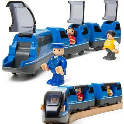 Image de Train électrique jouet - Locomotive avec 2 wagons - Compatible avec les rails en bois - Pour les enfants à partir de 3 ans