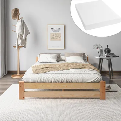Image de Lit futon en bois massif 140x200 cm, avec tête de lit, sommier à lattes et matelas, solide, durable, confortable, style naturel