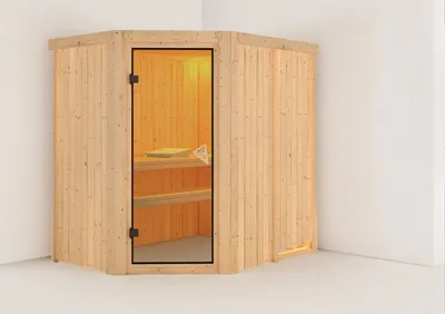 Produktbild von Karibu Sauna Innensauna Saja Eckeinstieg ohne Zubehör 196x151x198 cm ohne Dachkranz mit Bronzierter Tür