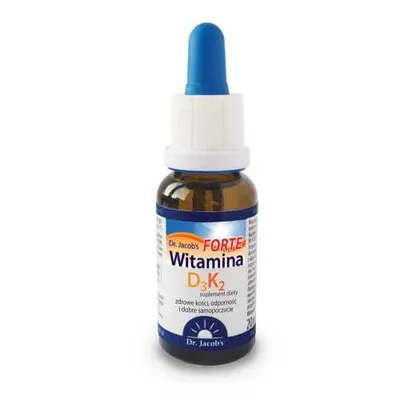 A product shot of a bottle of Dr. Jacob's Vitamin D3 + K2 FORTE drops.