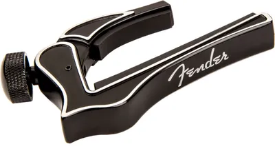 A black Fender capo with silver trim, shown on a white background.