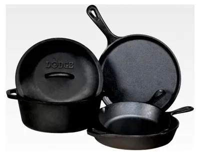 Produktbild von 5-teiliges Pfannen-Set aus vorgebranntem Gusseisen, Schwarz
