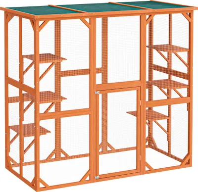 Produktbild von Wiltec Freilaufgehege Katzen 168 x 82 x 166,5 cm mit 6 Liegeflächen, wetterfestes Katzengehege Garten, Katzenhaus mit Drahtgitter und Bitumen Dach