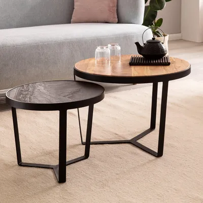 Produktbild von FineBuy Couchtisch 2er Set Akazie Massivholz / Steinoptik Wohnzimmertisch Braun Rund Satztisch mit Metallgestell Kaffeetisch Modern Sofatisch