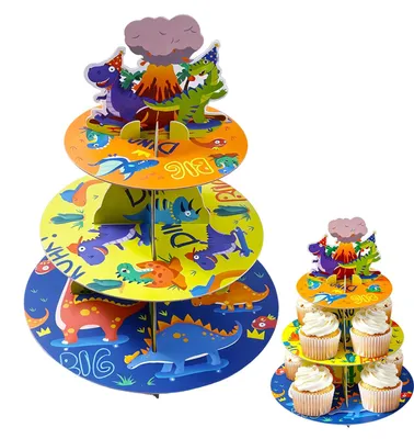 3-stöckiger Dino-Cupcake-Ständer, 18/24/30 cm, bunt
