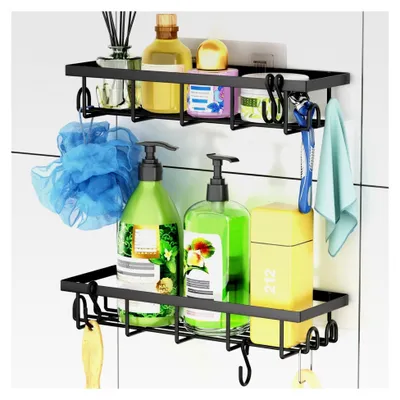 Produktbild von Duschablage ohne Bohren, 2 Stück Badezimmer Organizer, rostfreies Duschregal, Duschregal mit 4 abnehmbaren Haken, Metall Shampoo Halterung für die Dusche, Schwarz