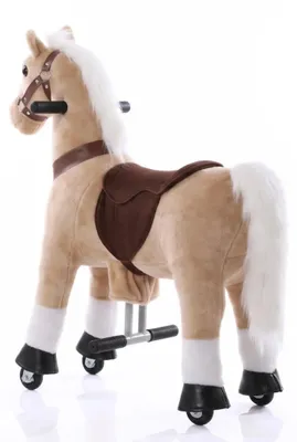 Produktbild von Vrooomy Pferd auf Rollen Kinder Reittier Klein (4–6 Jahre) – Mechanisches Reitpferd mit Galoppfunktion & Lenkung – Plüsch Reittier Indoor & Outdoor – Beige