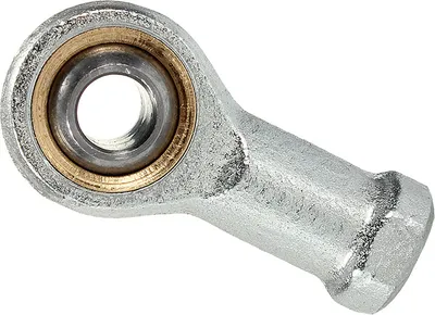 A close-up studio shot of a single metal rod end bearing with an inner thread.