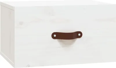 A white wooden storage box with a brown leather handle.