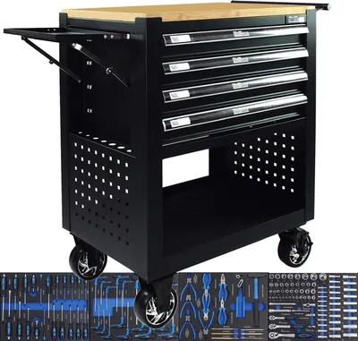 Produktbild von Werkstattwagen Profi Compact bestückt 85 x 68 x 46 cm 4 Schubladen mit 148tlg CV-Werkzeug Lochwand