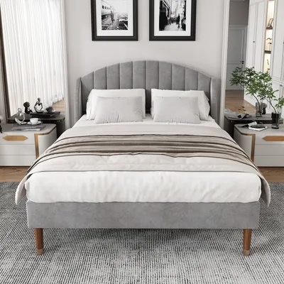 Produktbild von okwish Polsterbett 160*200cm, mit Lattenrost und Kopfteil, Jugendbett, Lattenrost aus Holz, einfache Montage, Samt, Grau
