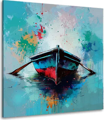 Produktbild von Abstrakt Boot auf türkisfarbenem See Pop Art Leinwandbild Wandbild Wanddeko: 60x60x2cm