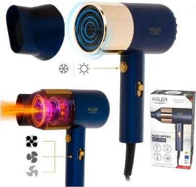 Zdjęcie produktu dla Adler Hair dryer | AD 2280 | 1800 W | Number of temperature settings 3 | Blue/Gold