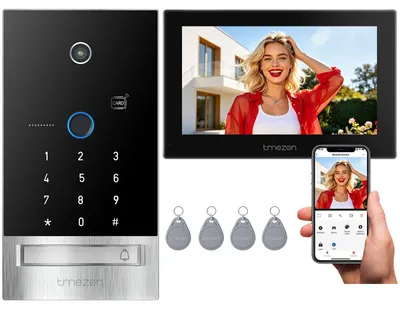 Zdjęcie produktu dla Zestaw wideodomofonu z 7-calowym ekranem dotykowym - system 2-przewodowy - kamera 1080P - czarny - z funkcją noktowizji