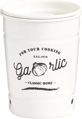 A white ceramic garlic keeper with text and an illustration on it.