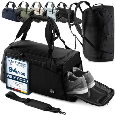 Sporttas mit Rucksackfunktion, Schuhfach, Nassfach, 40 L, Schwarz