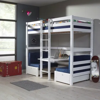Produktbild von Etagenbett Finley Buche 90x200 cm Weiß mit Sitzgelegenheit und Kissen