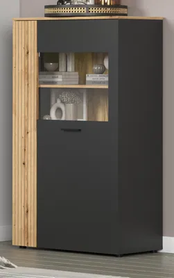 Produktbild von Highboard "Avila" grau und Eiche Vitrine 90 x 146 cm