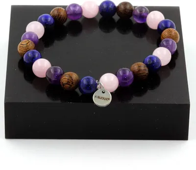 Immagine prodotto di Bracciale perle di quarzo rosa + ametista + lapislazzuli + legno 8 mm