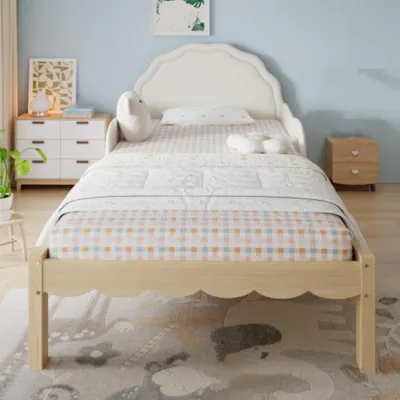 Produktbild von Kinderbett, Kinder Polsterbett Einzelbett, Seitliche Geländer, stabiler Lattenrost, Holzrahmen 90x200cm