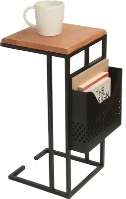 Image de Table d'appoint Relaxdays avec porte-journaux, dimensions : 63 x 30 x 37 cm, bois, métal, forme en C, table basse de style industriel, marron/noir
