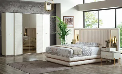 Produktbild von Schlafzimmer Set Bett  2x Nachttische Kleiderschrank Design Möbel 4 tlg. Beige
