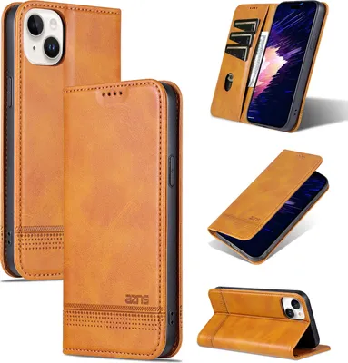 Produktbild von Leder Hülle für iPhone 15 Plus, Klapphüllen Brieftasche Magnetverschluss Ständer Schutzhülle Kaffee