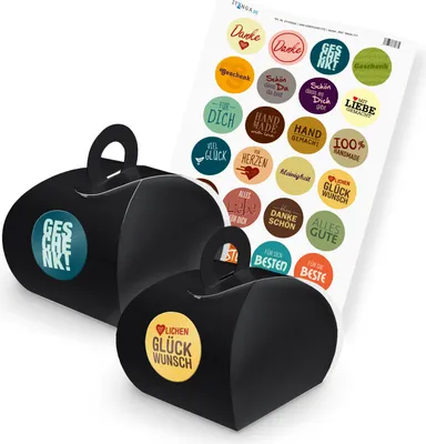 Produktbild von itenga SET MIX (Motiv 21) 24x Geschenkschachtel mit Griff schwarz + Stickerbogen