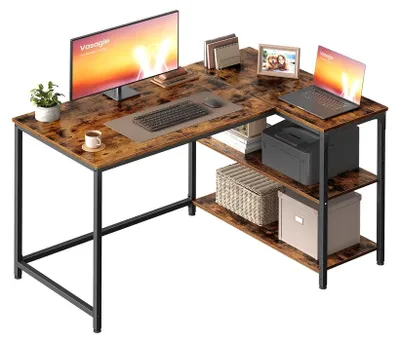 Image de Bureau d'angle en forme de L avec espace de rangement, idéal pour le travail à domicile | Couleur marron vintage