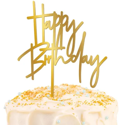 Tortenaufsatz Happy Birthday, Acryl, gold, 13,5 x 18,3 cm