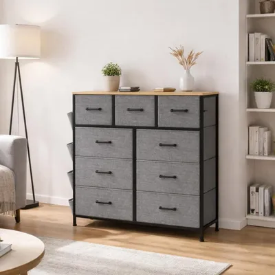 Produktbild von Kommode mit 9 Schubladen, Stoffschrank mit Metallrahmen und Seitentaschen, Aufbewahrungsschrank für Schlafzimmer, Wohnzimmer, Flur
