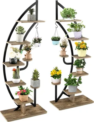 Produktbild von 2 Stück Pflanzenstaender Halbmondfoermig & 6-Stufig, Blumenregal mit 8 Ablagen & 1 Haken, Blumenstaender mit 2 Installationsmethoden & Kippsicherung, Pflanzenregal für Garten Balkon