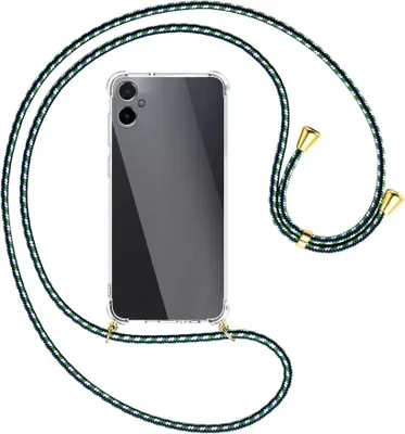 Produktbild von Handykette Backcover-Schutzhülle mit Band (Metall goldfarben) für Samsung Galaxy A05 (SM-A055) - grün/blau/weiß