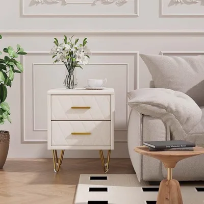 Immagine prodotto di Set di due comodini - Finitura beige in ecopelle, con due cassetti e gambe in metallo
