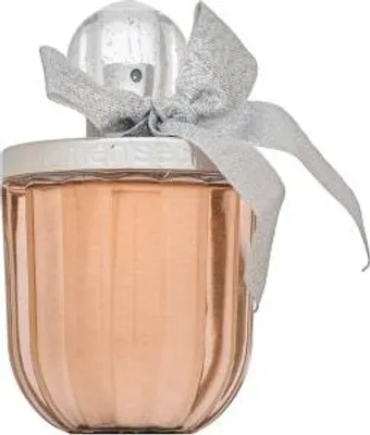 A perfume bottle with a silver ribbon tied around the neck.