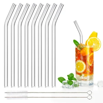 Produktbild von Glasstrohhalme 8 Stück wiederverwendbar mit 2 Reinigungsbürsten transparent 20cm gebogen