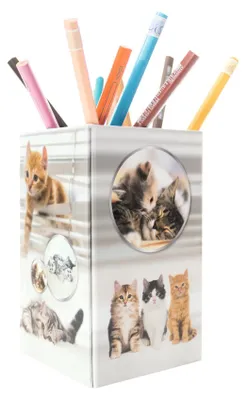 Produktbild von Faltbarer Stiftehalter mit Katzenmotiv aus stabilem Karton, Schreibtisch-Stiftehalter für Mädchen und Jungen, rechteckige Stiftablage für Buntstifte, Filzstifte, Bleistifte und Schminkpinsel.