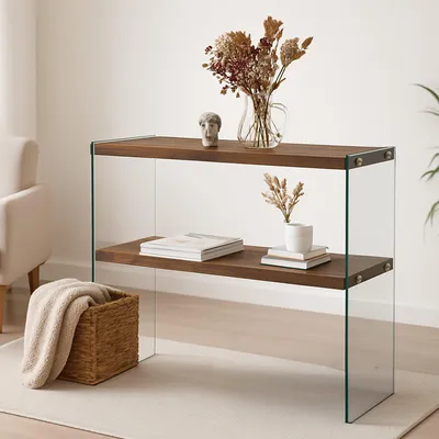Produktbild von Konsolentisch Dacell, Ausziehbarer Mehrzwecktisch, Eingangskonsole, Regal mit Erweiterungen, 90x30h80 cm, Nussbaum