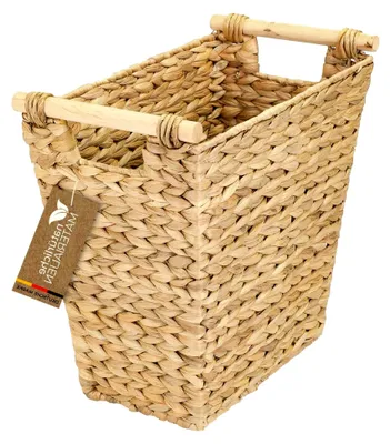 Produktbild von Papierkorb für das Büro, Aufbewahrungskorb mit Holzgriffen aus Wasserhyazinthe | Trapezform | 36 x 19 x 33 cm