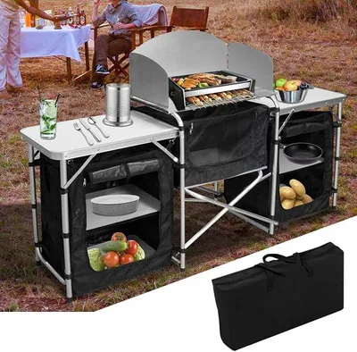 Produktbild von Campingküche, Campingschrank mit Aluminiumgestell, Klappbarer Camping Küche mit hitzebeständiger Arbeitsplatte, für Camping und Outdoor