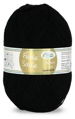 A ball of black yarn with a label wrapped around it.