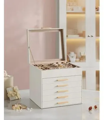 Produktbild von Schmuckkästchen - Schmuckbox - 3 Ebenen - Glasdeckel - 2 Schubladen - Leder - Weiß