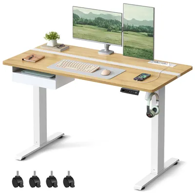 Produktbild von VASAGLE Höhenverstellbarer Schreibtisch elektrisch, mit Steckdose und Schublade, 60 x 120 cm Memory-Funktion, Goldeichenfarben-Wolkenweiß