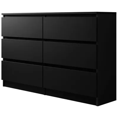 A black dresser with six drawers is shown from a three-quarter angle against a white background.
