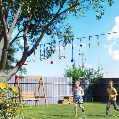 Produktbild von SUGIFT Ninja Slackline Set für Kinder, Seilrutsche Kletterset, Turnringe Kletterstangen Schaukel, Blau+Rot | 10 m | bis 50 kg | 6-teilig