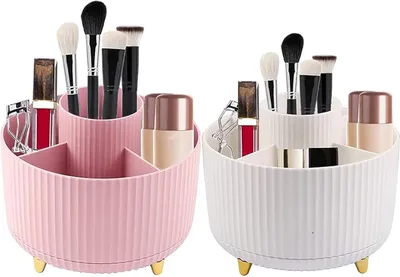 Produktbild von Set aus 2 drehbaren 360°-Organizern mit je 5 Fächern, weiß und rosa, für Büro oder Make-up.