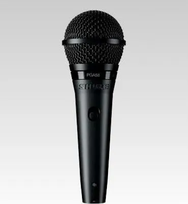 A black Shure PGA58 microphone is shown against a light gray background.