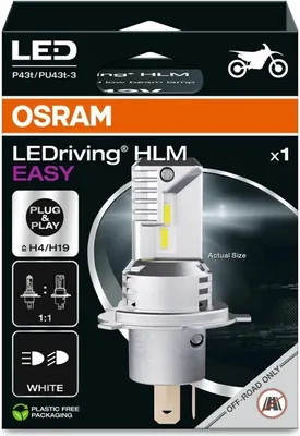 The image shows the packaging of an OSRAM LEDriving HL Easy H4/H19 headlight bulb.